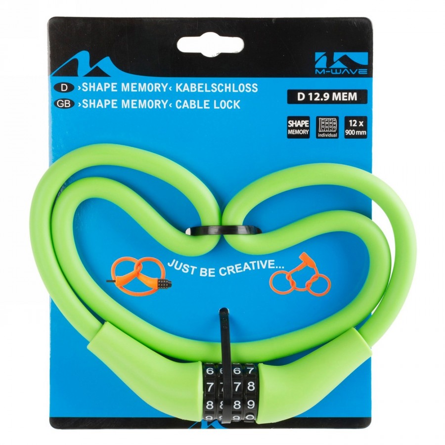 Shape-retaining combination cable lock, m-wave 'd 12.9 mem', green, with 4 number discs, on card - 3