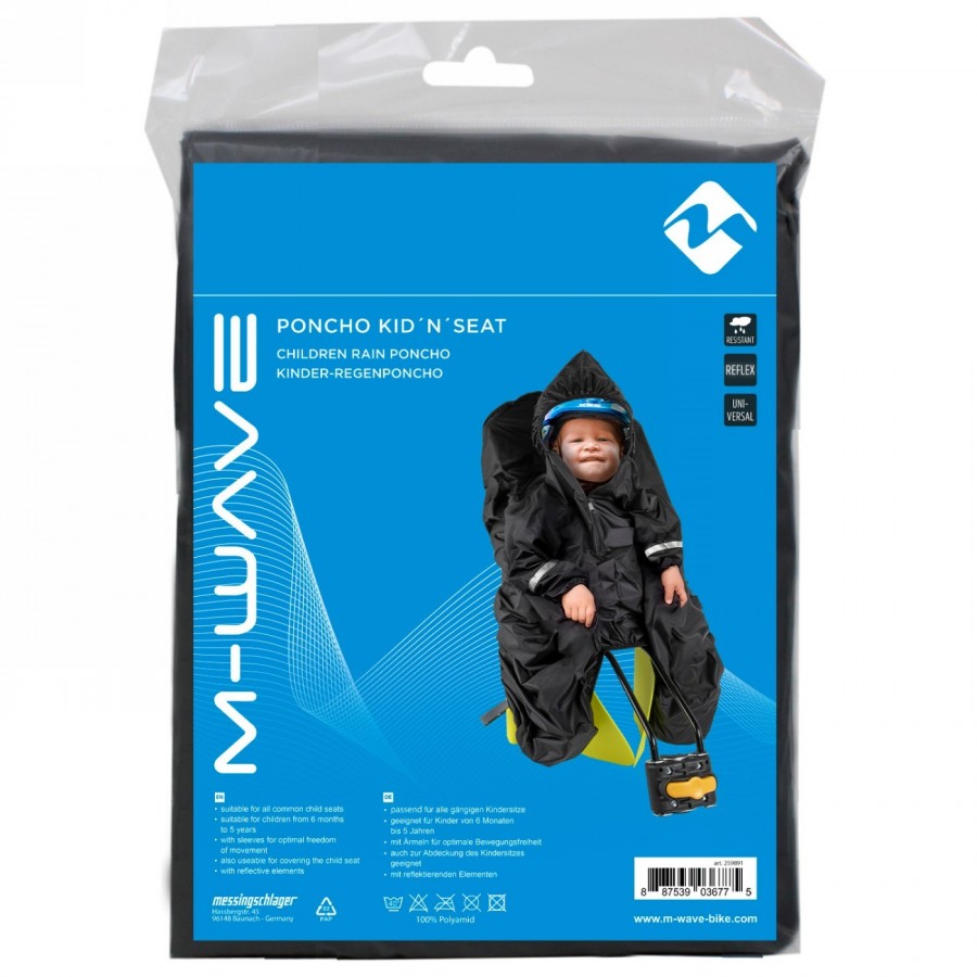 poncho de lluvia infantil kid'n'seat, con m-wave, negro con bandas reflectantes - 3