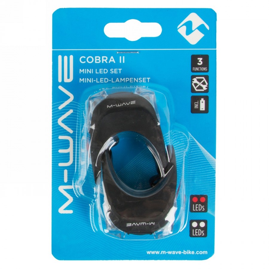 Mini led lamp set m-wave 'cobra ii', black silicone housing, 3 functions, with batteries, only 24g, blister pack, 1 set - 8