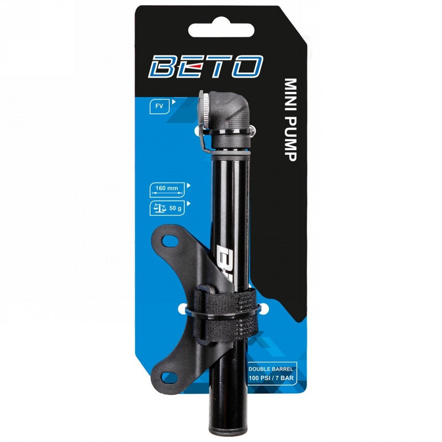 Mini pump beto, aluminium, black, 100 psi / 7 bar, only for f/v, on card - 2