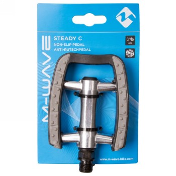 pédale antidérapante m-wave steady c, corps en aluminium poli argenté et cage en plastique noir, revêtement en caoutchouc gris, 