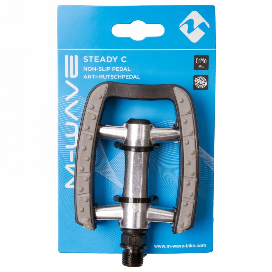 pedal antideslizante m-wave steady c, cuerpo de aluminio pulido plateado y jaula de plástico negro, almohadilla de goma gris, ro