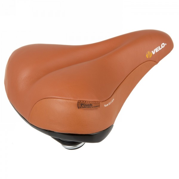 Leather saddle velo plush, tour ela gen,genuine leather, brown, 264 x 220 mm, with elastomer suspension, with clamp, weight: 867