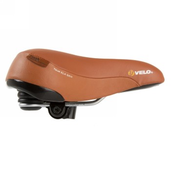 Leather saddle velo plush, tour ela gen,genuine leather, brown, 264 x 220 mm, with elastomer suspension, with clamp, weight: 867