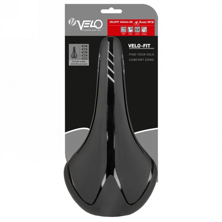 Road/mtb saddle, velo - fit athlete bc, m, 280 x 147 mm, black with silver stripes, on card - 3