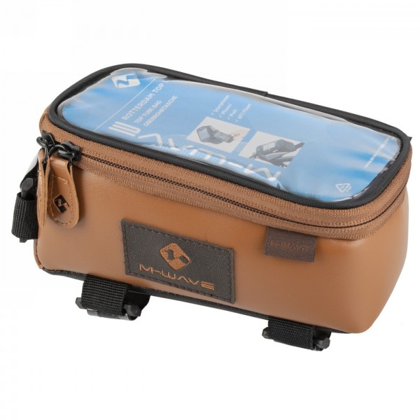 Top tube bag for smartphone rotterdam top xl le 'm-wave xx', synthetic leather, light brown, clip-on holder - 1