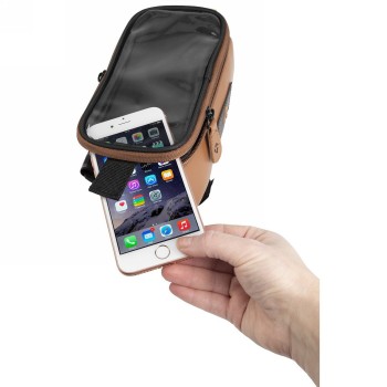 Top tube bag for smartphone rotterdam top xl le 'm-wave xx', synthetic leather, light brown, clip-on holder - 2