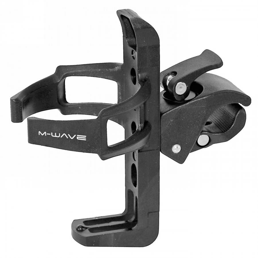 Bottle cage, plastic, swivel clamp, for handlebars or frame, with quick release, black, on m-wave card - 1