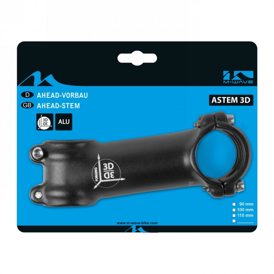 potencia Ahead astem 3d, m-wave, 1.1/8', 90 mm, 7°, aluminio forjado 3d, negro, abrazadera 31.8 mm, en tarjeta - 3