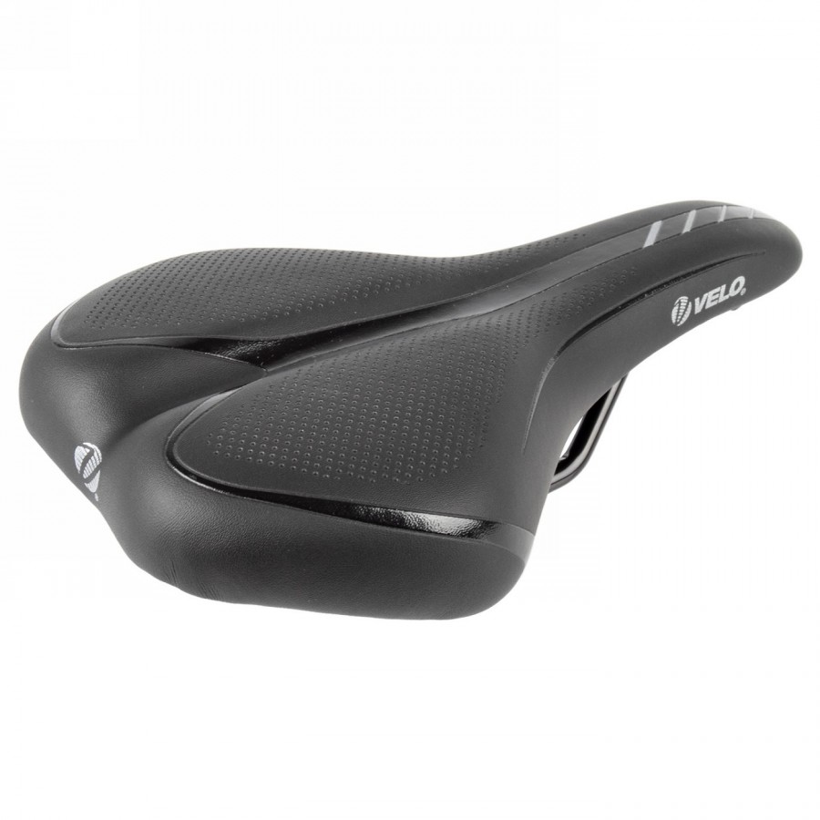 Trekking saddle, velo - fit traveller, s, 235 x 143 mm, shiny black with silver stripes, on card - 1