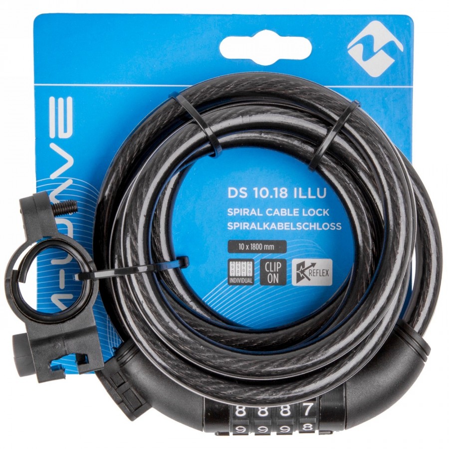 cerradura automática de cable en espiral ds 10.18 illu m-wave, con 4 discos numéricos, con código de seguridad personal, 1800 x 