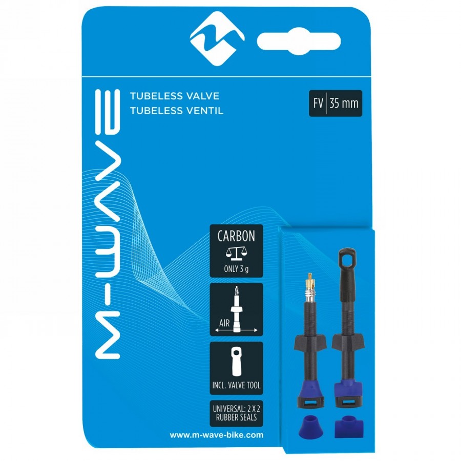 Tubeless ventil f/v m-wave, carbon, länge 35mm, runde und eckige dichtung, 1 paar in m-wave box - 4