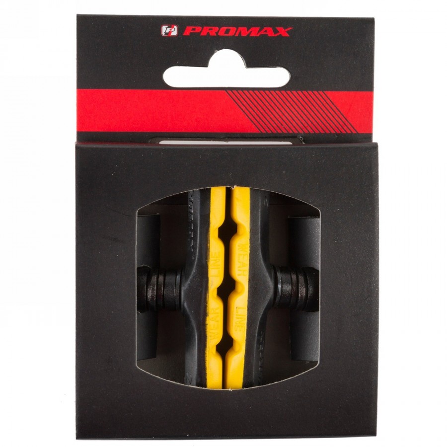 Zapatas de freno V-brake, simétricas, 70mm, negro/amarillo, con perno con rosca y piezas de fijación, por pares en tarjeta de ag