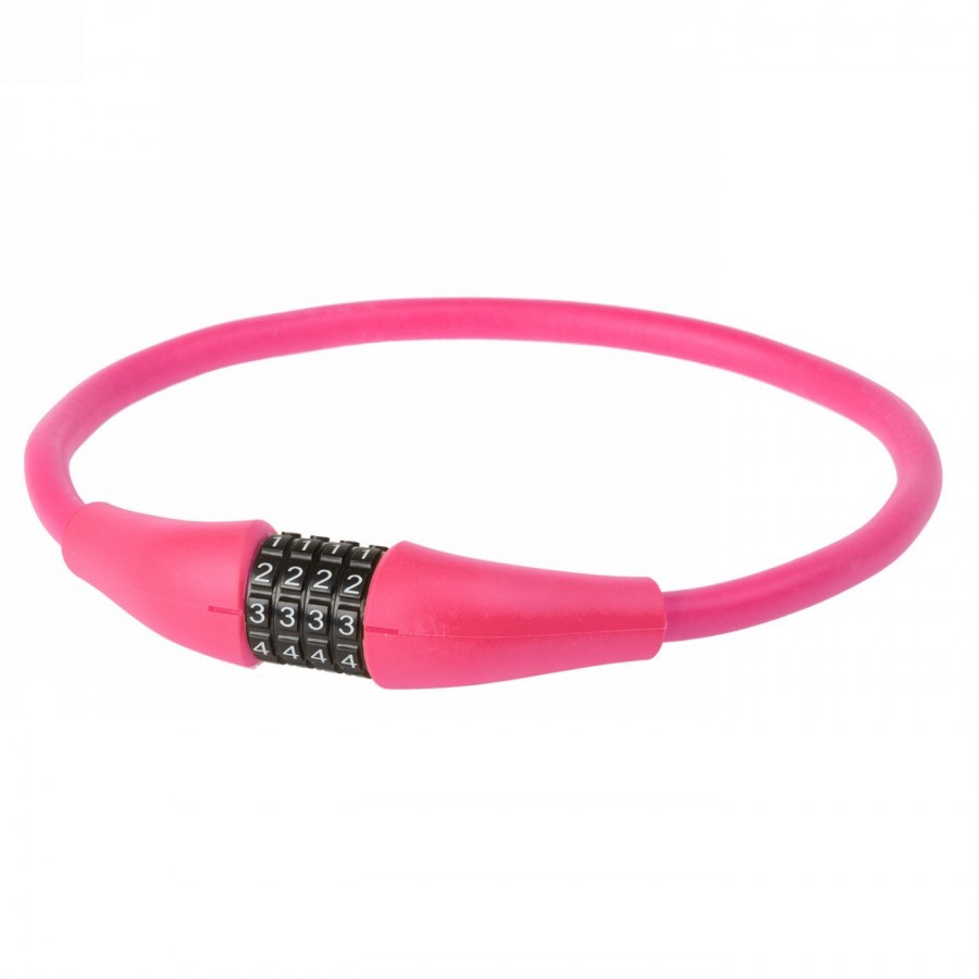 Cerradura de cable de combinación con retención de forma, m-wave 'd 12.9 mem', 900 x 12 mm, rosa, con 4 discos numéricos, en tar