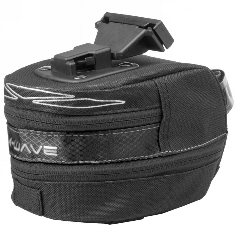 Clip-on saddle bag 'm-wave tilburg l', size l, black, can be extended downwards with rv, with rear light holder and 3 elastic st