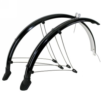 Mudguard set 28', 56 mm, flexible plastic mudguard with elect. contact strip, with strut mounting, vr+hr, black, - 1