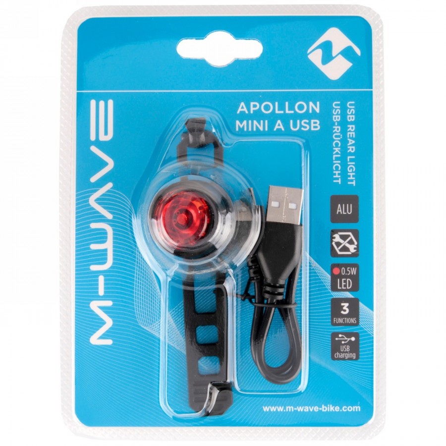 fanale posteriore usb, m-wave 'apollon mini a usb', alloggiamento in alluminio nero, lente rossa a led 1x0,5w, in confezione bli