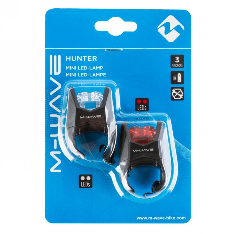 Mini juego de lámparas led, m-wave 'hunter', carcasa negra con soporte de silicona, 3 funciones, 1 juego 1 x 2 leds blancos + 1 