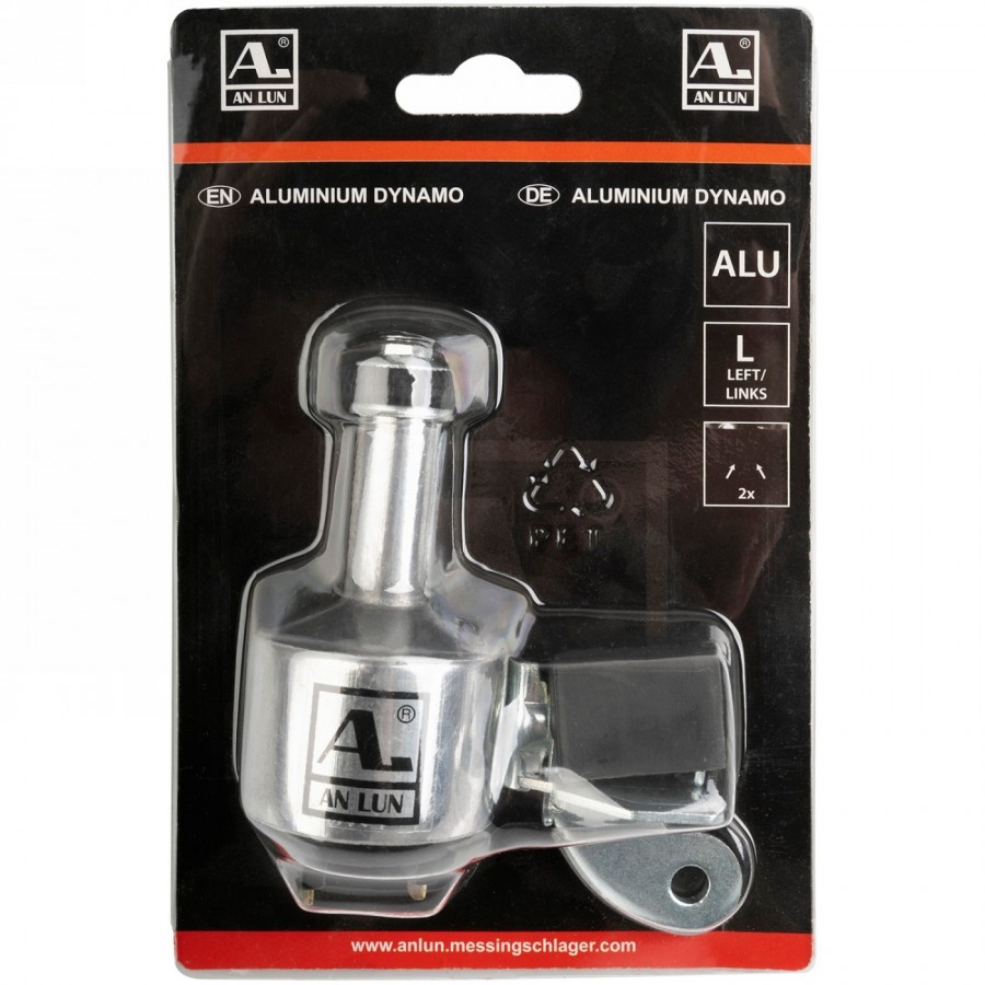 Dynamo anlun, alu, argent, 6v/3w, gauche, sans support, avec double connexion, avec grande roue en caoutchouc, emballage blister