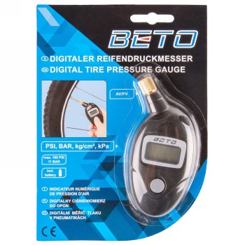 Beto air pressure gauge, digital, for av/fv, black, 4 scales (psi, bar, kg / qcm, kpa), max. pressure 160 psi / 11 bar,with - 3