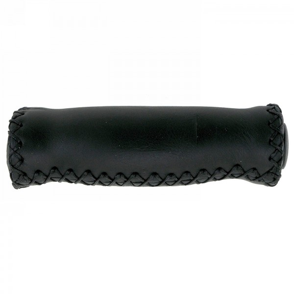 Pair of genuine leather handlebar grips, hand-stitched with high-density foam insert, 125 mm, black, with handlebar cap. - 1