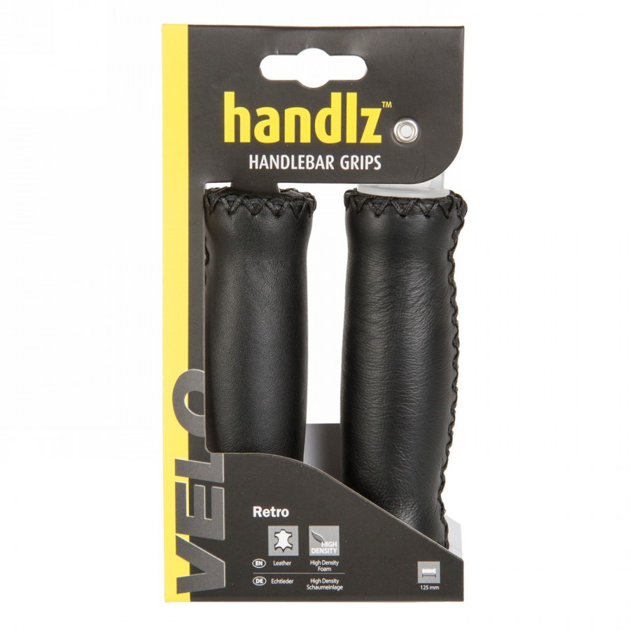 Pair of genuine leather handlebar grips, hand-stitched with high-density foam insert, 125 mm, black, with handlebar cap. - 2