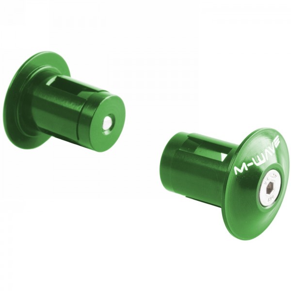 Handlebar end plugs, m-wave, aluminium, green anodised, for inner diameter 17.5-19.5 mm, with stainless steel screw, in pairs on