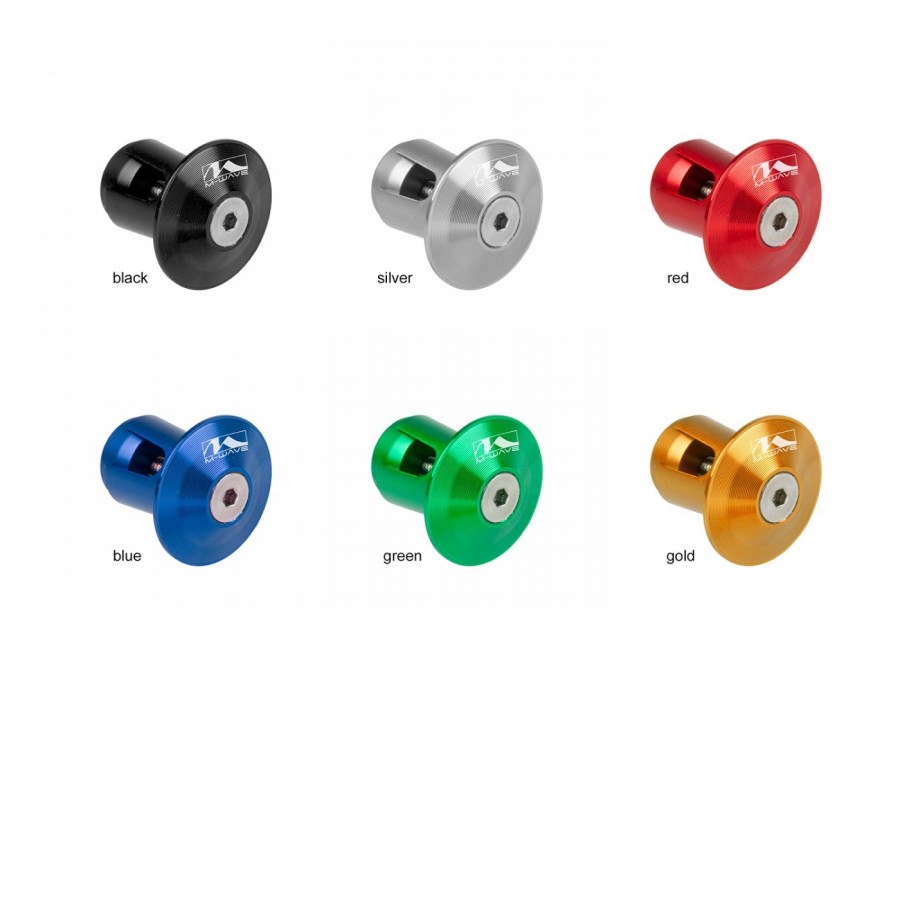 Handlebar end plugs, m-wave, aluminium, green anodised, for inner diameter 17.5-19.5 mm, with stainless steel screw, in pairs on