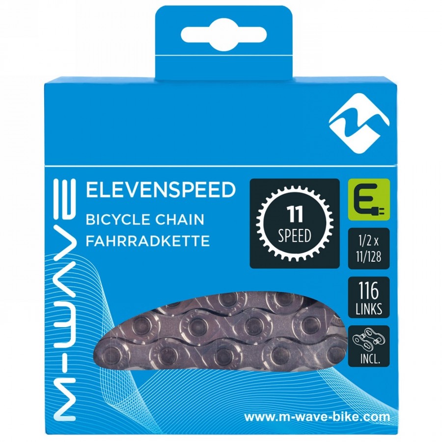 Catena per e-bike m-wave, 1/2x11/128, argento, 116 maglie, 11 velocità, con maglia di bloccaggio, ek - 2 - Catena - 088753902699