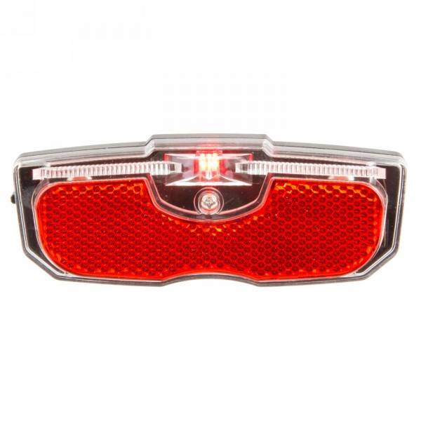 Luggage carrier rear light, with 1 red led, white glass/red reflector, with batteries, fixing distance 80 mm, mv - 1