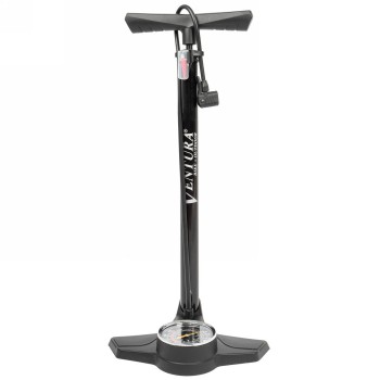 Floor pump ventura, steel, black, with pressure gauge, with double head, with adapter for air mattress and ball needle - 1