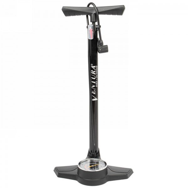 Floor pump ventura, steel, black, with pressure gauge, with double head, with adapter for air mattress and ball needle - 1