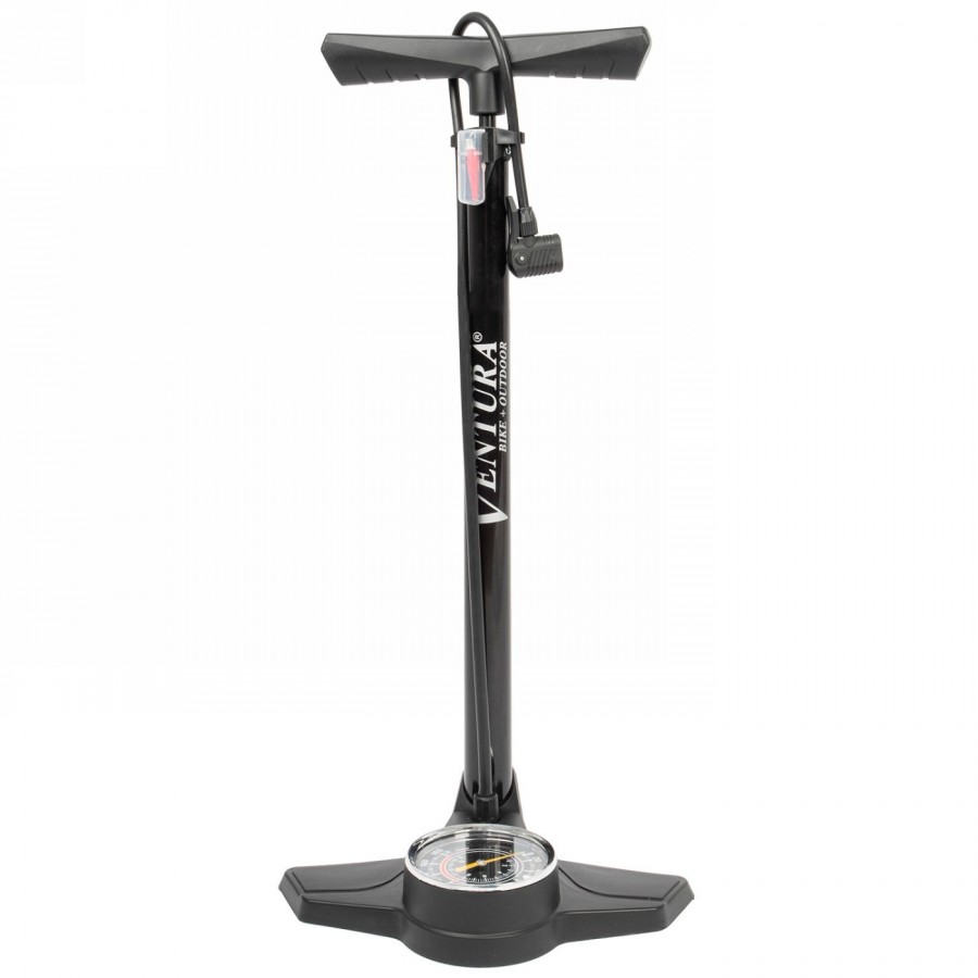 Floor pump ventura, steel, black, with pressure gauge, with double head, with adapter for air mattress and ball needle - 1