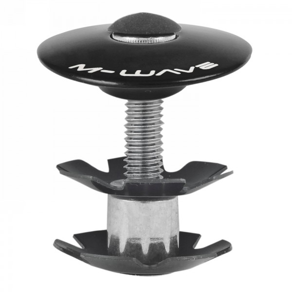 Front steering series cap, aluminum claw/head/bolt, 1.1/8', black anodized, m-wave logo, on display. - 1