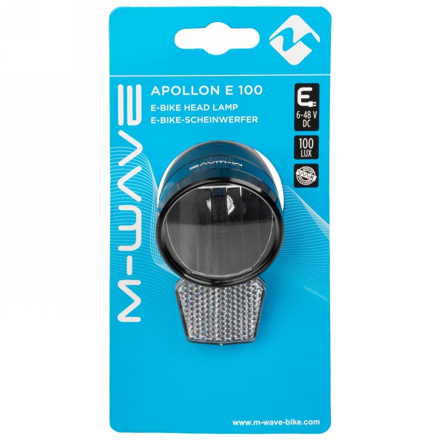 Luce anteriore per e-bike apollon e 100, 100 lux, 6-48v dc, con riflettore rimovibile, con supporto in plastica a 2 snodi, con e