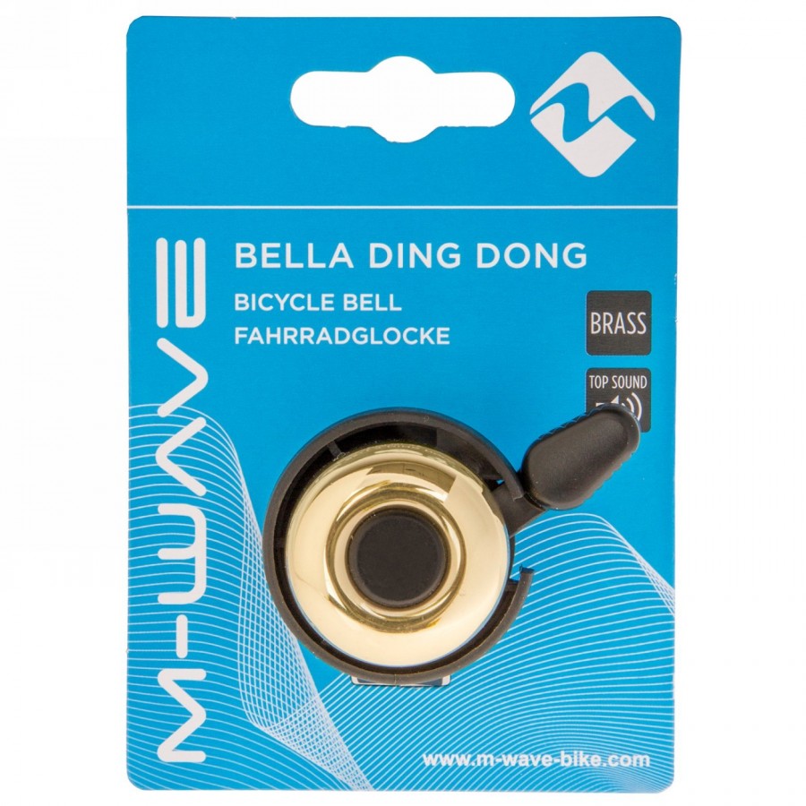 Mini bell 'bella ding-dong', brass, gold, holder for handlebar (22.2 mm), on m-wave card - 2