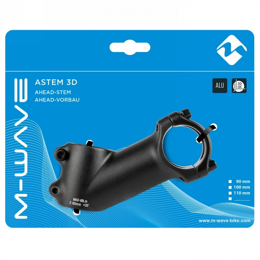 Attacco manubrio Ahead m-wave st-m3.2, alluminio, 1,1/8' (28,6 mm), est. - 80 mm, 35°, serraggio 31,8 mm, nero opaco, su scheda 