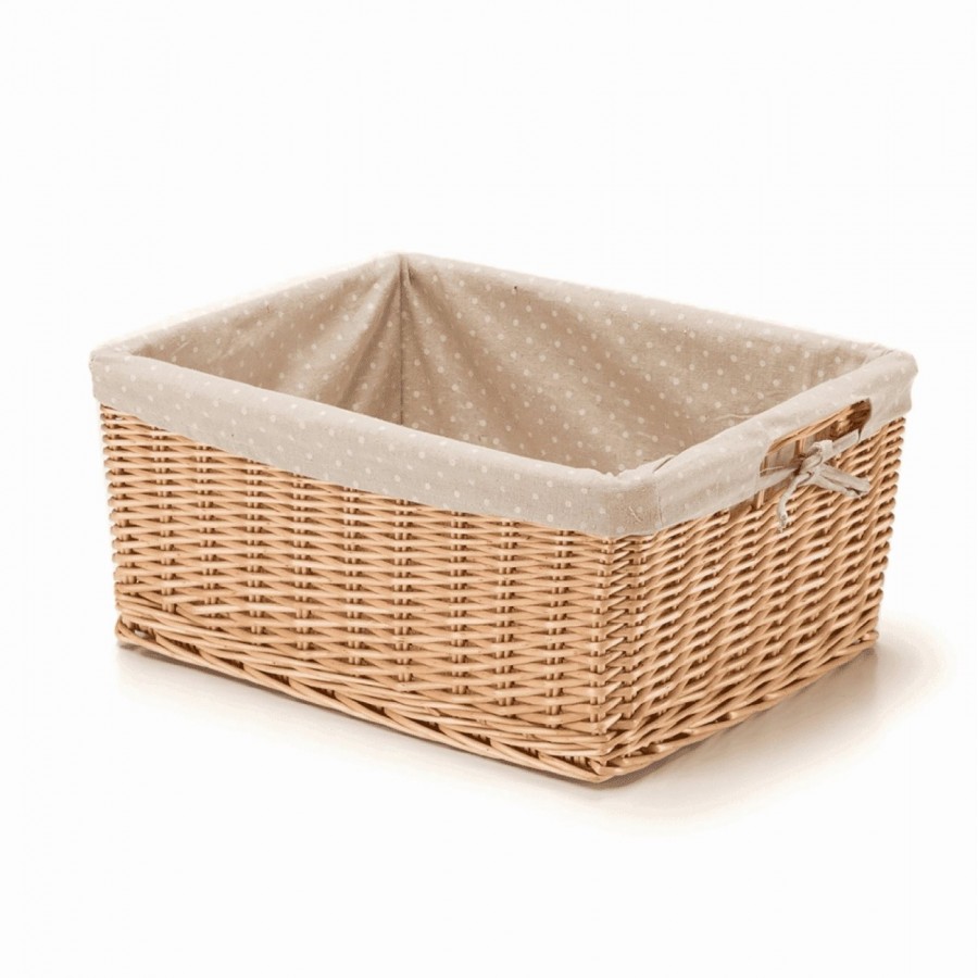 Large rectangular wicker basket with polka dot lining - 1