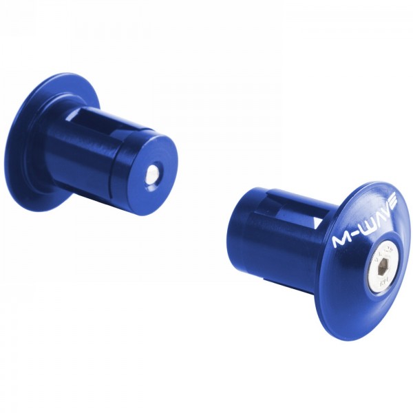 Handlebar end plugs, m-wave, aluminium, blue anodised, for inner diameter 17.5-19.5 mm, with stainless steel screw, in pairs on 