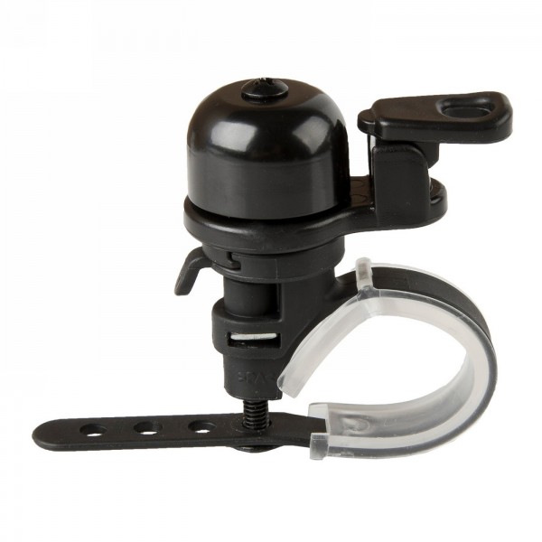 Super-mini bell, brass, black, adjustable holder for handlebars (22.-31.8 mm), on m-wave card - 1