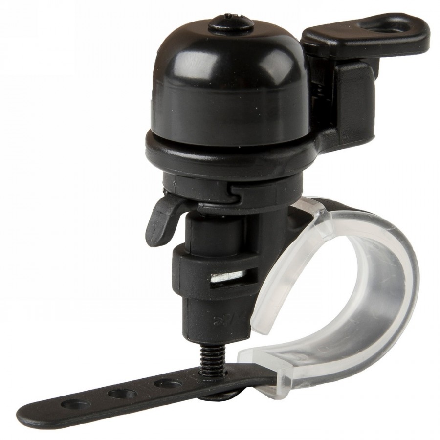 Super-mini bell, brass, black, adjustable holder for handlebars (22.-31.8 mm), on m-wave card - 2