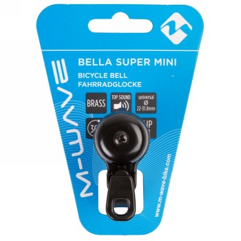 Super-mini bell, brass, black, adjustable holder for handlebars (22.-31.8 mm), on m-wave card - 5