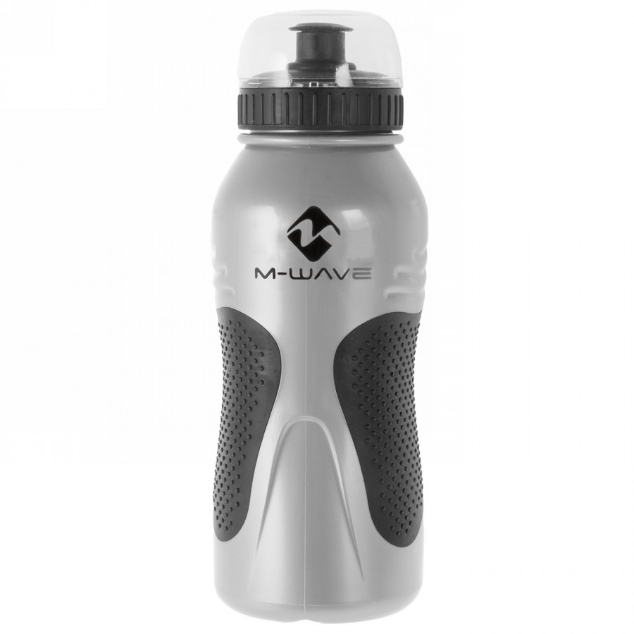 M-wave water bottle, made of plastic, 550 - 600 ccm, silver, with black lid and transparent cap, black. - 1