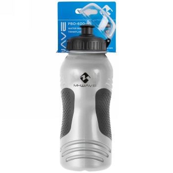 M-wave water bottle, made of plastic, 550 - 600 ccm, silver, with black lid and transparent cap, black. - 2