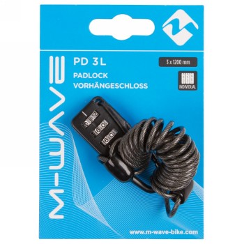 Candado M-wave negro con 3 discos de combinación, con mini cable en espiral de 3 x 1200 mm, cubierta transparente ahumada, en ta