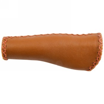 Pair of Velo screw-on grips, in genuine leather, ergonomic shape, 135 mm, brown, closed ends, on card - 1