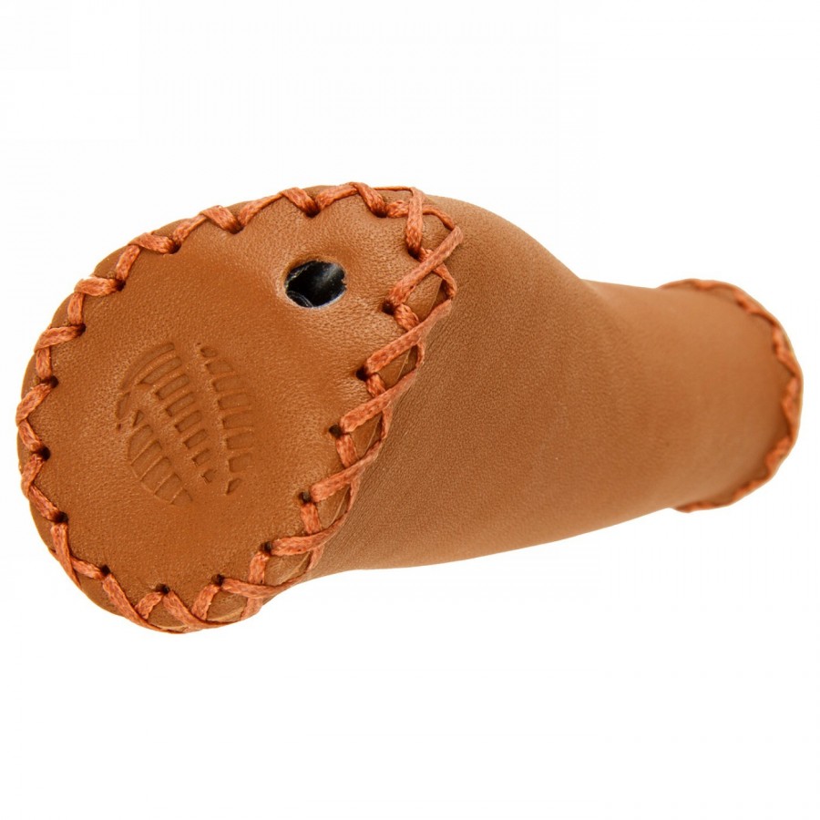 Pair of Velo screw-on grips, in genuine leather, ergonomic shape, 135 mm, brown, closed ends, on card - 2