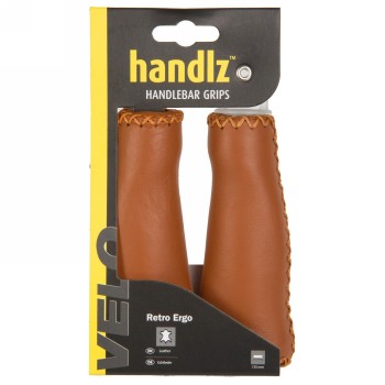 Pair of Velo screw-on grips, in genuine leather, ergonomic shape, 135 mm, brown, closed ends, on card - 3