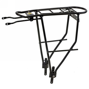 Luggage carrier, 'thiny', narrow shape, only 562g, aluminium, black, with spring flap, with plate for rear light, adjustable for