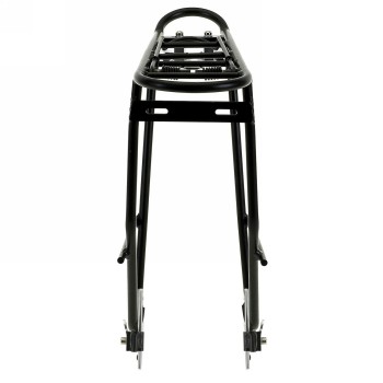 Luggage carrier, 'thiny', narrow shape, only 562g, aluminium, black, with spring flap, with plate for rear light, adjustable for